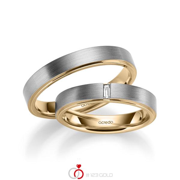 Paar bicolor Trauringe/Eheringe in außen Graugold 585 , innen Roségold 585 mit zus. 0,12 ct. Baguette-Diamant tw, vs von acredo - A-1054-14 Paar bicolor Trauringe/Eheringe in außen Graugold 585 , innen Roségold 585 mit zus. 0,12 ct. Baguette-Diamant tw, vs von acredo - A-1054-14